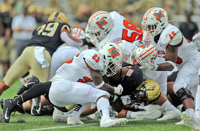 Oct 24, 2020; West Point, New York, USA; Army Black Knights running back Sandon McCoy (3) crosses the line for a touchdown against the Mercer Bears during the first half at Michie Stadium. Mandatory Credit: Danny Wild-USA TODAY Sports