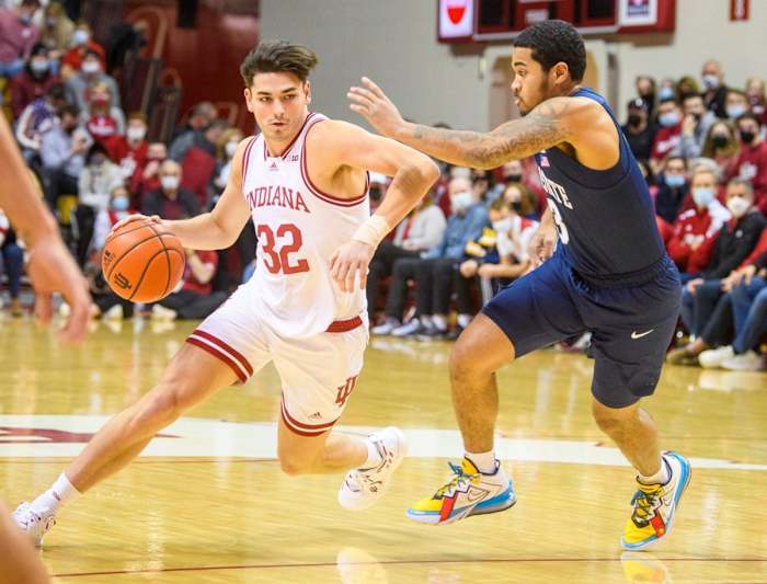 Indiana's Trey Galloway (32) drives on Penn State's Sam Sessoms (3) during the first half of the Indiana versus Penn State men's basketball game at Simon Skjodt Assembly Hall.