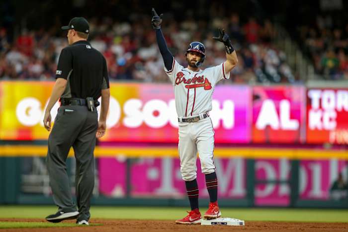 Jun 8, 2022; Atlanta, Georgia, USA; Atlanta Braves shortstop Dansby Swanson (7) celebrates after a double against the Oakland Athletics in the fourth inning at Truist Park.