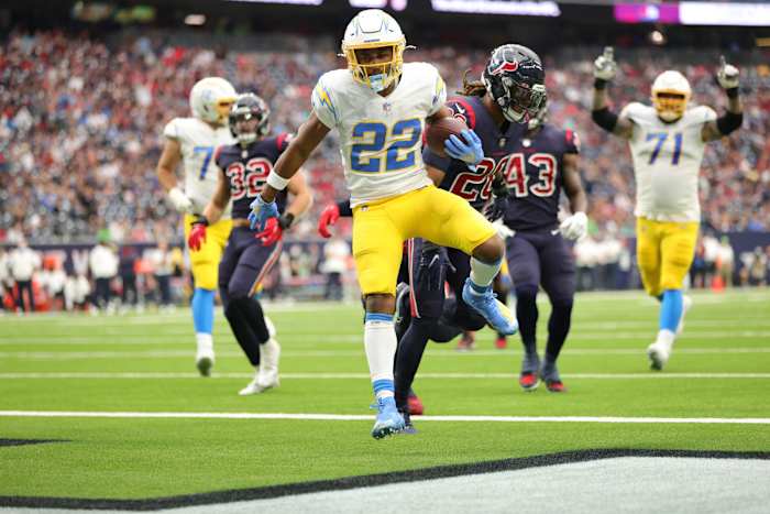 DECEMBER 26: Justin Jackson #22 of the Los Angeles Chargers in action against the Houston Texans at NRG Stadium on December 26, 2021 in Houston, Texas. (Photo by Carmen Mandato/Getty Images)