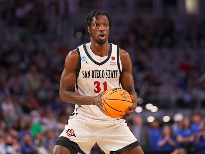 San Diego State’s Nathan Mensah holds the ball