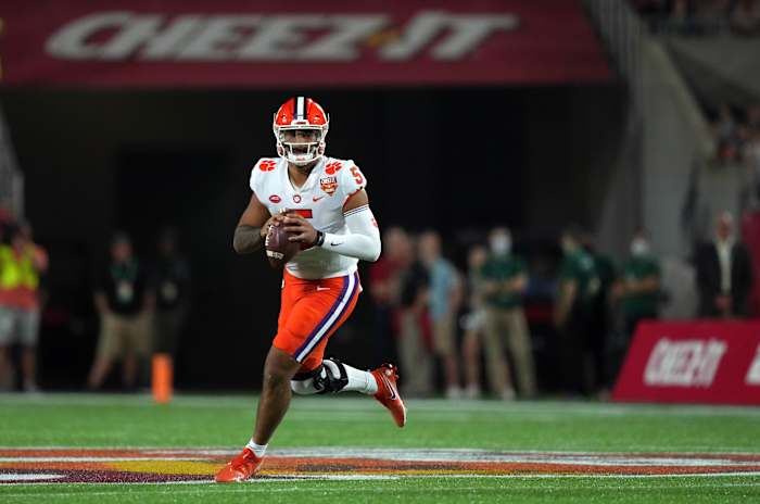 Clemson quarterback D.J. Uiagalelei attempts a pass vs Iowa State