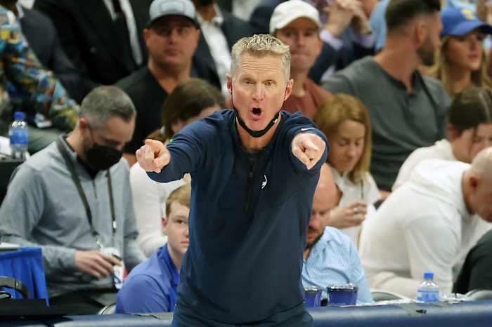 May 24, 2022; Dallas, Texas, USA; Golden State Warriors head coach Steve Kerr reacts after a play against the Dallas Mavericks during the second quarter in game four of the 2022 Western Conference finals at American Airlines Center. Mandatory Credit: Kevin Jairaj-USA TODAY Sports