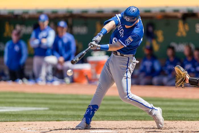 Jun 18, 2022; Oakland, California, USA; Kansas City Royals first baseman Ryan O'Hearn (66) hits an RBI double against the Oakland Athletics during the seventh inning at RingCentral Coliseum. Mandatory Credit: John Hefti-USA TODAY Sports