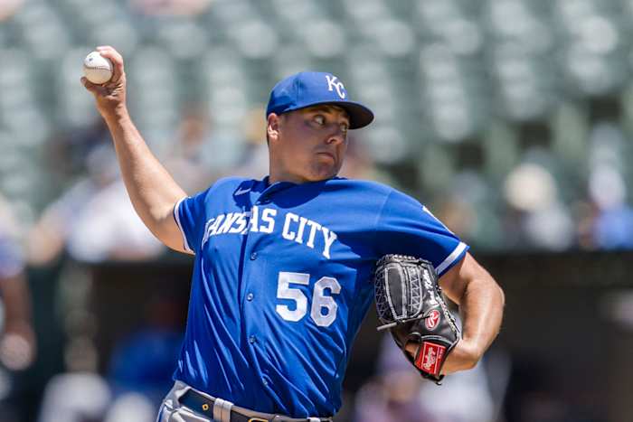 Jun 18, 2022; Oakland, California, USA; Kansas City Royals starting pitcher Brad Keller (56) throws against the Oakland Athletics during the sixth inning at RingCentral Coliseum. Mandatory Credit: John Hefti-USA TODAY Sports