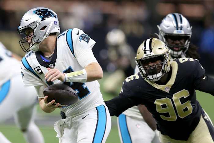 New Orleans Saints defensive end Carl Granderson (96) pressures Carolina quarterback Sam Darnold (14). Mandatory Credit: Chuck Cook-USA TODAY Sports