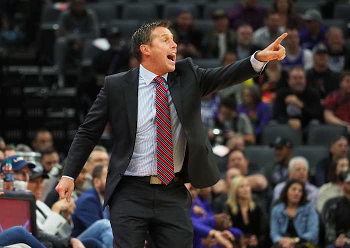 Sacramento Kings head coach Dave Joerger calls out to the players during the first quarter against the Toronto Raptors at Golden 1 Center.