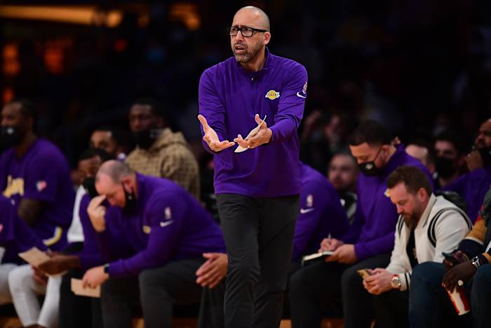Los Angeles Lakers assistant head coach David Fizdale watches game action against the Brooklyn Nets during the first half at Crypto.com Arena.