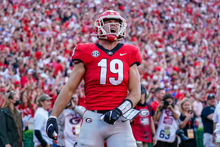 Oct 16, 2021; Athens, Georgia, USA; Georgia Bulldogs tight end Brock Bowers (19) reacts after scoring a touchdown against the Kentucky Wildcats during the second half at Sanford Stadium. Mandatory Credit: Dale Zanine-USA TODAY Sports