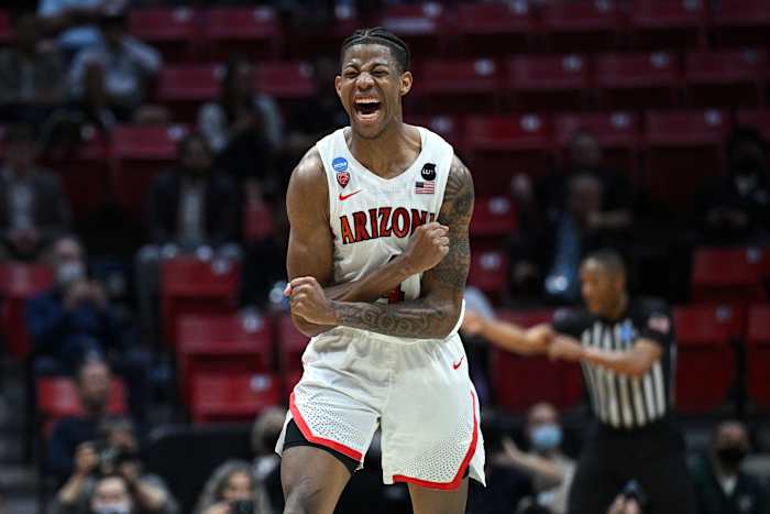 Arizona Wildcats guard Dalen Terry (4) reacts in the first half against the TCU Horned Frogs during the second round of the 2022 NCAA Tournament at Viejas Arena. Mar 20, 2022; San Diego, CA, USA. Photo: Orlando Ramirez-USA TODAY Sports