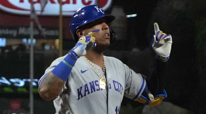 Kansas City Royals catcher Salvador Perez (13) celebrates after hitting a two-run home run.