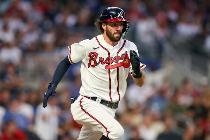 Dansby Swanson races down the first baseline against the Los Angeles Dodgers.