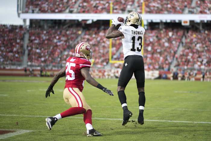 New Orleans Saints wide receiver Michael Thomas (13) catches a touchdown against San Francisco 49ers cornerback Jimmie Ward (25). Mandatory Credit: Kyle Terada-USA TODAY Sports