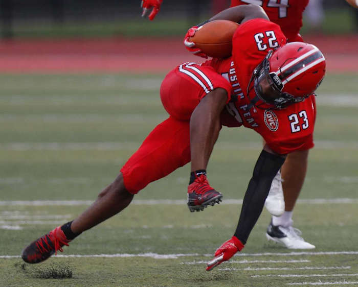 Austin Peay running back CJ Evans Jr. (23) recovers from almost stumbling on a run down the field in a OVC football game between the Austin Peay Governors and Morehead State Eagles at Fortera Stadium in Clarksville, Tenn., on Saturday, Sept. 18, 2021.
