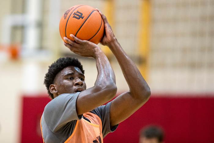 Kaleb Banks rises up for a shot during practice at Cook Hall in Bloomington, Ind.