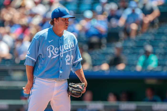 Jun 29, 2022; Kansas City, Missouri, USA; Kansas City Royals starting pitcher Zack Greinke (23) prepares to throw a pitch against the Texas Rangers during the first inning at Kauffman Stadium. Mandatory Credit: William Purnell-USA TODAY Sports