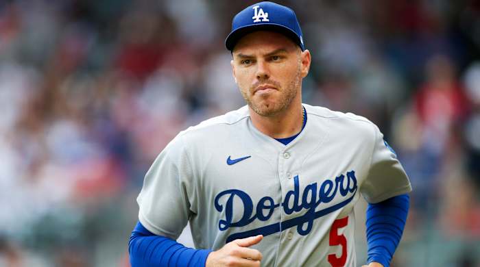 Jun 25, 2022; Atlanta, Georgia, USA; Los Angeles Dodgers first baseman Freddie Freeman (5) runs off the field before a game against the Atlanta Braves at Truist Park.