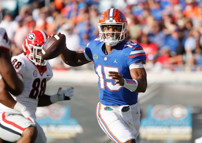 Oct 30, 2021; Jacksonville, Florida, USA; Florida Gators quarterback Anthony Richardson (15) throws the ball against the Georgia Bulldogs during the first half at TIAA Bank Field. Mandatory Credit: Kim Klement-USA TODAY Sports