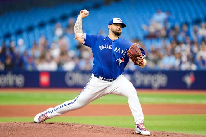 Toronto Blue Jays starting pitcher Alek Manoah (6) delivers a pitch against the Boston Red Sox during the first inning at Rogers Centre in Toronto on June 29, 2022.