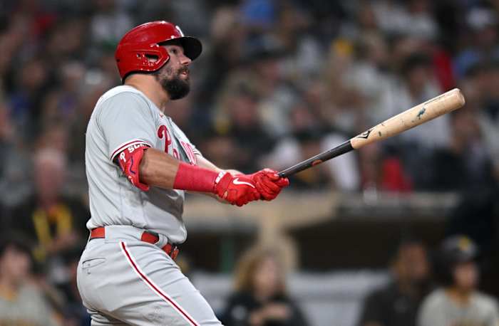 Kyle Schwarber spots his two-run home run leave the park against the San Diego Padres.