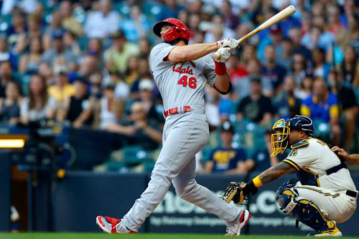 Paul Goldschmidt watches his home run against the Milwaukee Brewers.