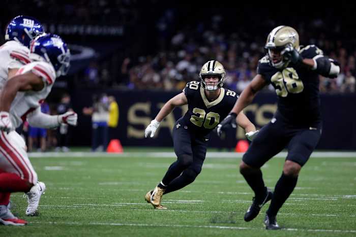 Saints LB Pete Werner (20) in action against the New York Giants. Credit: Saints Wire/USA TODAY