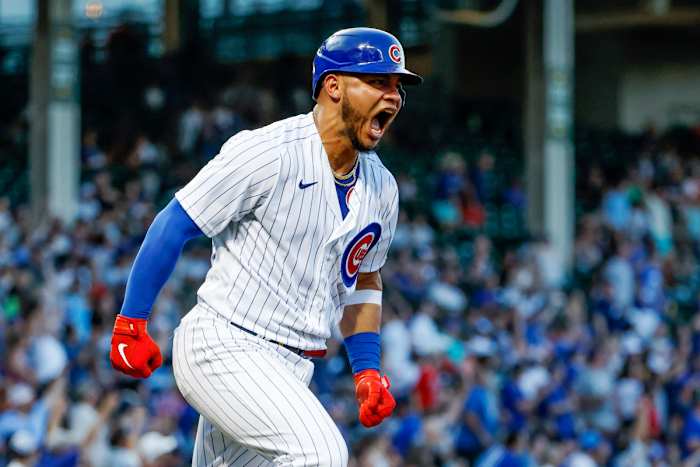 Jun 14, 2022; Chicago, Illinois, USA; Chicago Cubs catcher Willson Contreras (40) celebrates after hitting a two-run home run against the San Diego Padres during the third inning at Wrigley Field.