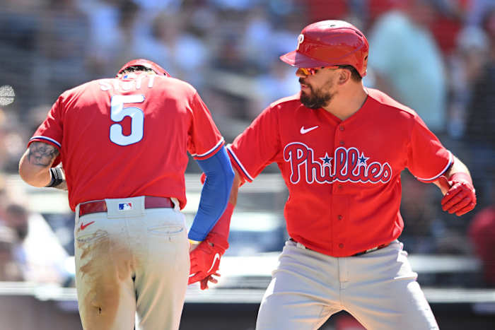 Kyle Schwarber celebrates with Bryson Stott after hitting a three run home run against the San Diego Padres.