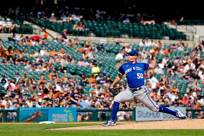 Jul 2, 2022; Detroit, Michigan, USA; Kansas City Royals starting pitcher Kris Bubic (50) pitches in the third inning against the Detroit Tigers at Comerica Park. Mandatory Credit: Rick Osentoski-USA TODAY Sports