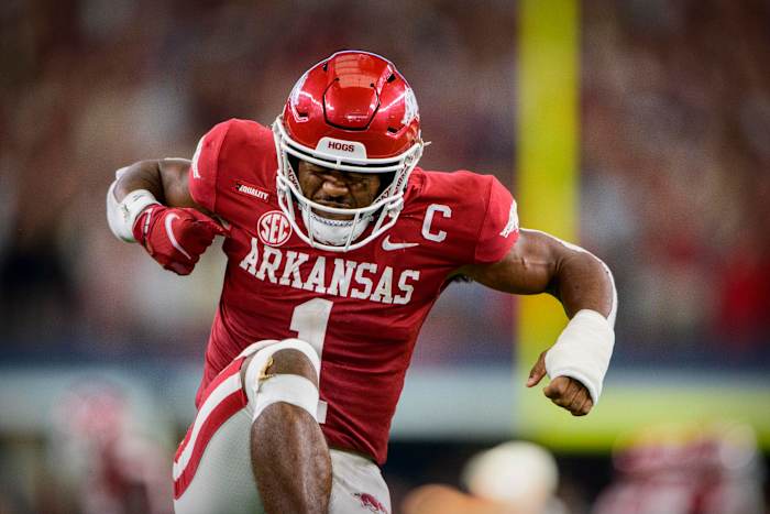 Sep 25, 2021; Arlington, Texas, USA; Arkansas Razorbacks defensive back Jalen Catalon (1) celebrates during the second half against the Texas A&M Aggies at AT&T Stadium. Mandatory Credit: Jerome Miron-USA TODAY Sports