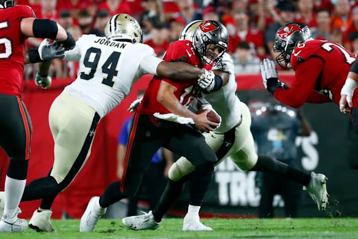 Saints DE Cameron Jordan (94) sacks Buccaneers QB Tom Brady (12). Credit: USA TODAY