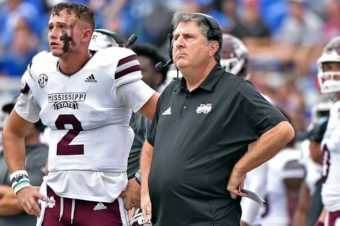 Sep 18, 2021; Memphis, Tennessee, USA; Mississippi State Bulldogs quarterback Will Rogers (2) and head coach Mike Leach (right) look on during the first half against the Memphis Tigers at Liberty Bowl Memorial Stadium. Mandatory Credit: Justin Ford-USA TODAY Sports