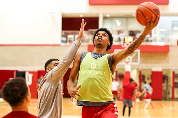 CJ Gunn drives for a layup during Indiana basketball practice at Cook Hall.