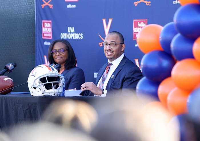 Virginia director of athletics Carla Williams and Virginia football head coach Tony Elliott