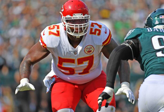 Oct 3, 2021; Philadelphia, Pennsylvania, USA; Kansas City Chiefs offensive tackle Orlando Brown (57) against the Philadelphia Eagles at Lincoln Financial Field. Mandatory Credit: Eric Hartline-USA TODAY Sports