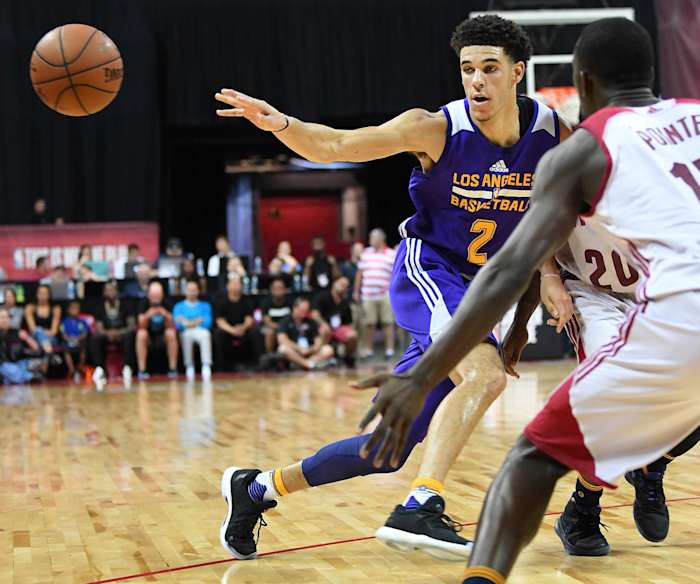 Lonzo Balling wearing James Harden's black and white adidas shoes.