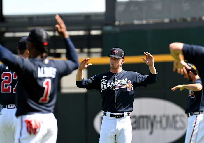 Mar 14, 2022; North Port, FL, USA; Atlanta Braves outfielder Drew Waters (61) gets warmed up at the start of the workout spring training. Mandatory Credit: Jonathan Dyer-USA TODAY Sports