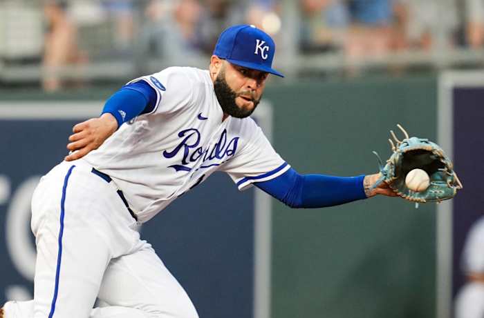 Jul 11, 2022; Kansas City, Missouri, USA; Kansas City Royals third baseman Emmanuel Rivera (26) fields a ground ball during the fourth inning against the Detroit Tigers at Kauffman Stadium. Mandatory Credit: Jay Biggerstaff-USA TODAY Sports