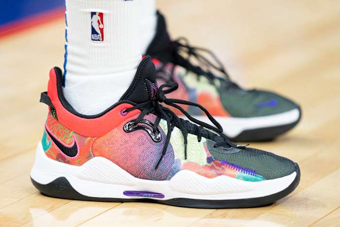 Paul George wearing the Nike PG 5 'mulitcolor'.