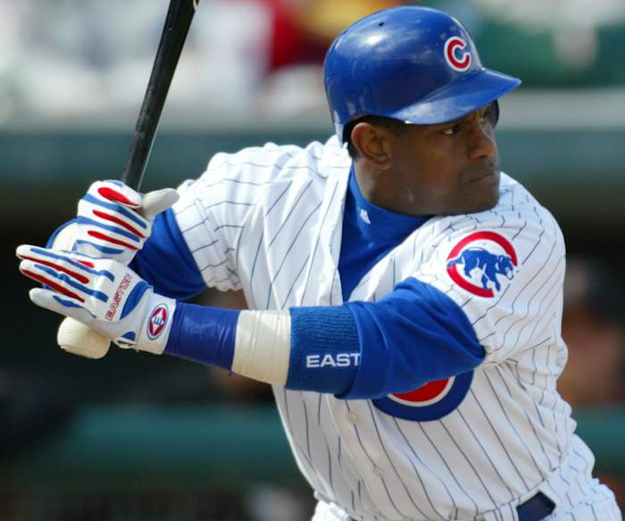 Chicago Cubs outfielder Sammy Sosa prepares to swing.