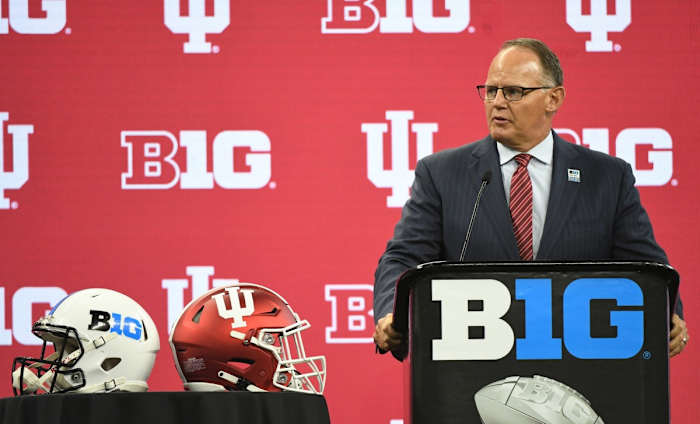 Indiana Hoosiers head coach Tom Allen speaks to the media during Big 10 media days at Lucas Oil Stadium.