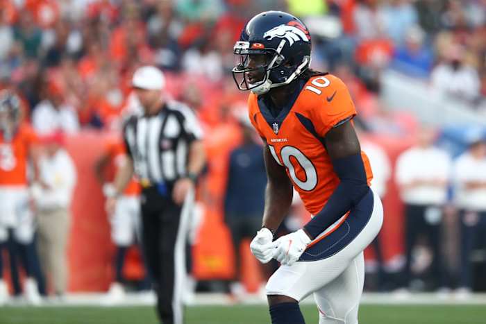 Denver Broncos wide receiver Jerry Jeudy (10) prepares for the snap against the Los Angeles Rams during the first quarter at Empower Field at Mile High.