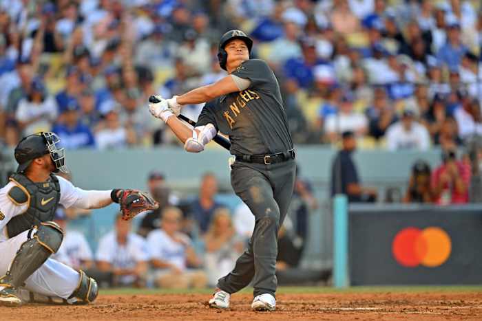 Shohei Ohtani swings.