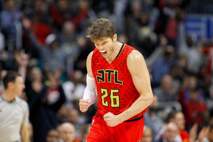 Hawks guard Kyle Korver celebrates made shot.