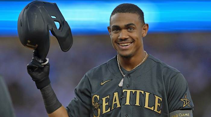 American League outfielder Julio Rodriguez (44) of the Seattle Mariners reacts after flying out against the National League during the eighth inning of the 2022 MLB All Star Game at Dodger Stadium.