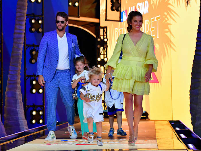 Jul 19, 2022; Los Angeles, CA, USA; National League starting pitcher Clayton Kershaw (22) of the Los Angeles Dodgers with wife Ellen during the Red Carpet Show at L.A. Live.