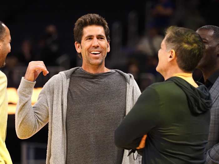 Feb 27, 2022; San Francisco, California, USA; Golden State Warriors general manager Bob Myers speaks with Dallas Mavericks majority owner Mark Cuban before the game at Chase Center. Mandatory Credit: Kelley L Cox-USA TODAY Sports