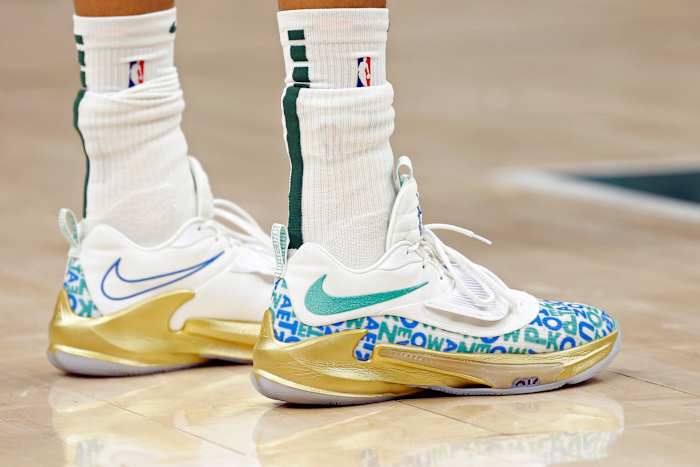 Nike Zoom Freak 3 worn by Milwaukee Bucks forward Giannis Antetokounmpo.