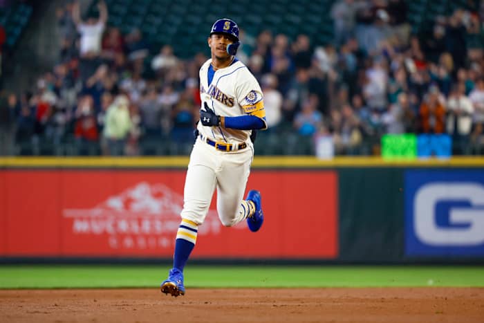 Jul 3, 2022; Seattle, Washington, USA; Seattle Mariners center fielder Julio Rodriguez (44) runs the bases after hitting a solo-home run against the Oakland Athletics during the first inning at T-Mobile Park.