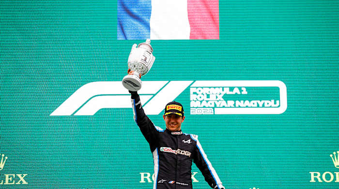 Esteban Ocon celebrates his win during the Formula 1 Magyar Nagydij 2021, Hungarian Grand Prix, 11th round of the 2021 FIA Formula One World Championship.